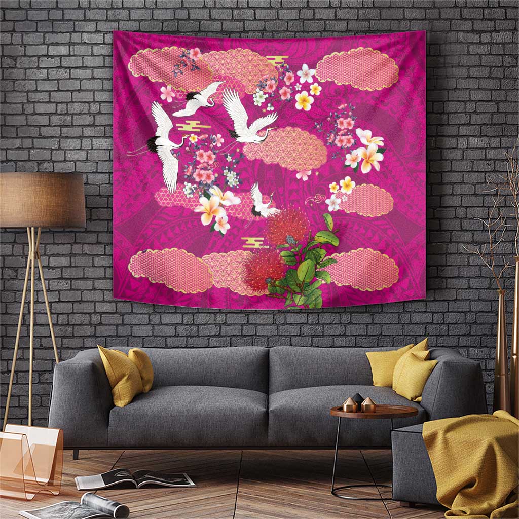 Hawaiian and Japanese Culture Together Tapestry Pink Ohia Lehua Plumeria and Sakura Blooming - Polynesian Pride