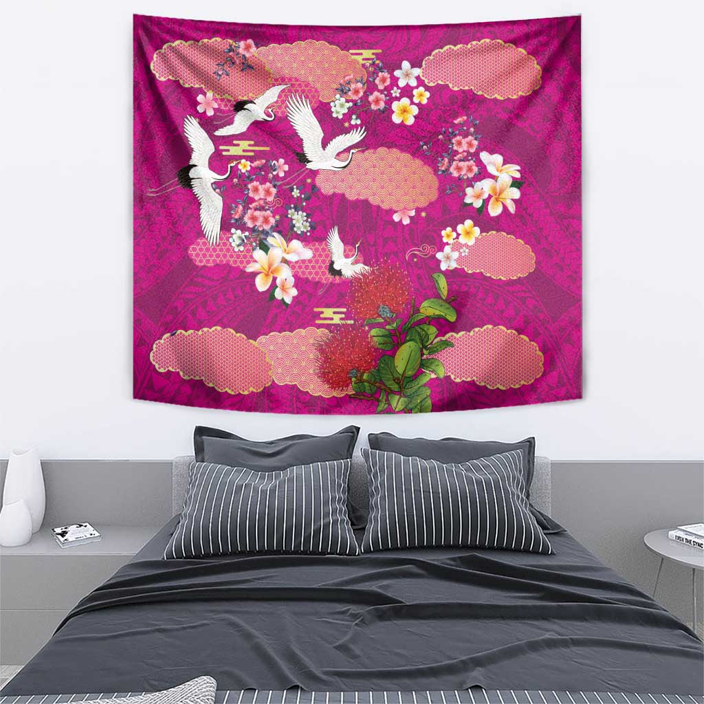Hawaiian and Japanese Culture Together Tapestry Pink Ohia Lehua Plumeria and Sakura Blooming - Polynesian Pride
