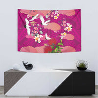Hawaiian and Japanese Culture Together Tapestry Pink Ohia Lehua Plumeria and Sakura Blooming - Polynesian Pride