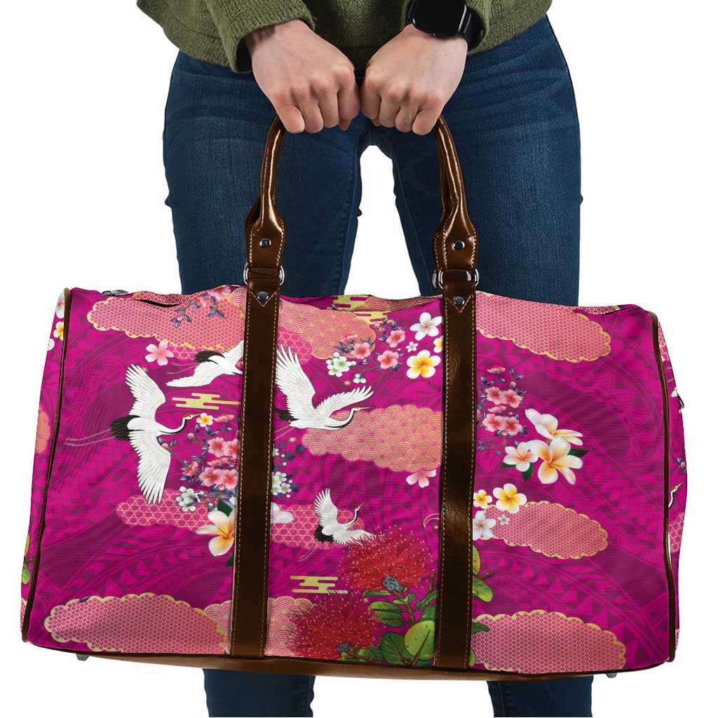 Hawaiian and Japanese Culture Together Travel Bag Pink Ohia Lehua Plumeria and Sakura Blooming - Polynesian Pride
