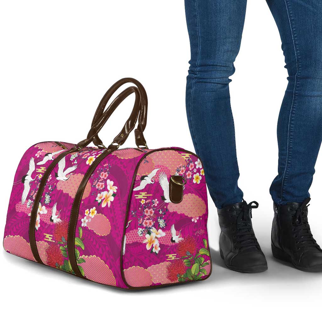 Hawaiian and Japanese Culture Together Travel Bag Pink Ohia Lehua Plumeria and Sakura Blooming - Polynesian Pride