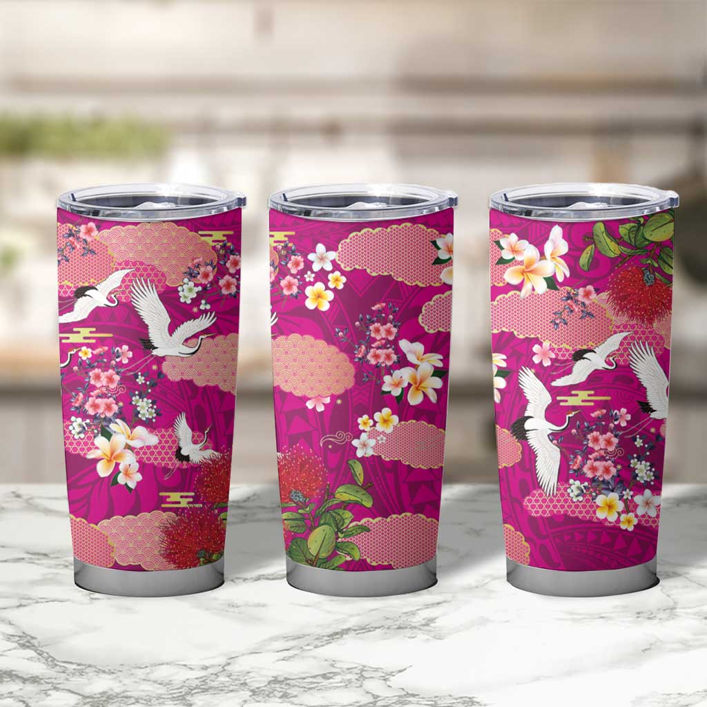 Hawaiian and Japanese Culture Together Tumbler Cup Pink Ohia Lehua Plumeria and Sakura Blooming - Polynesian Pride