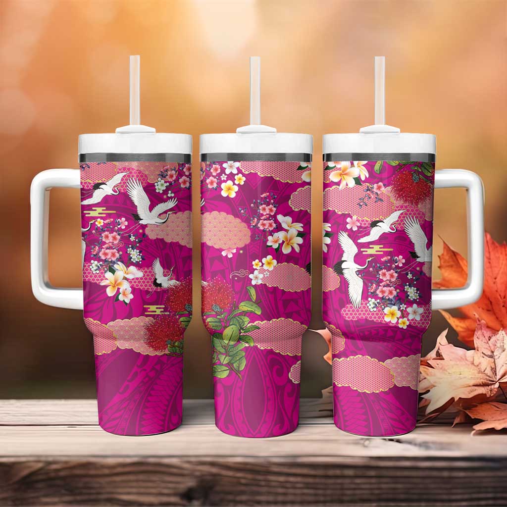Hawaiian and Japanese Culture Together Tumbler With Handle Pink Ohia Lehua Plumeria and Sakura Blooming - Polynesian Pride