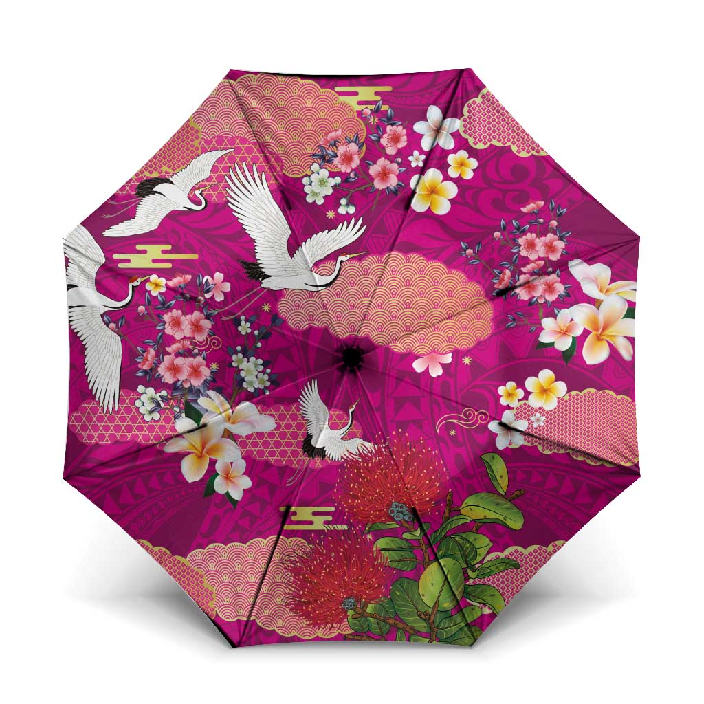 Hawaiian and Japanese Culture Together Umbrella Pink Ohia Lehua Plumeria and Sakura Blooming - Polynesian Pride