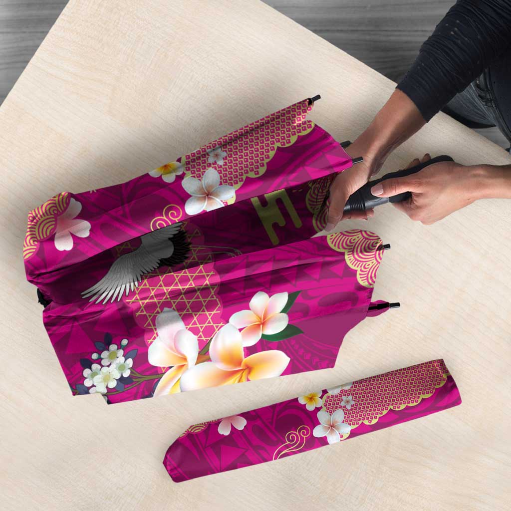 Hawaiian and Japanese Culture Together Umbrella Pink Ohia Lehua Plumeria and Sakura Blooming - Polynesian Pride