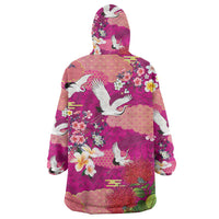 Hawaiian and Japanese Culture Together Wearable Blanket Hoodie Pink Ohia Lehua Plumeria and Sakura Blooming - Polynesian Pride