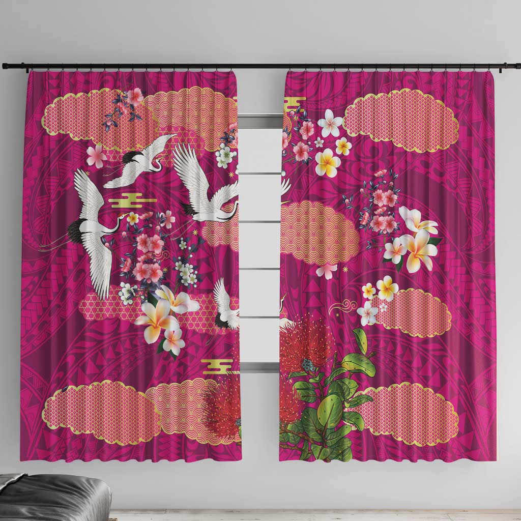 Hawaiian and Japanese Culture Together Window Curtain Pink Ohia Lehua Plumeria and Sakura Blooming - Polynesian Pride