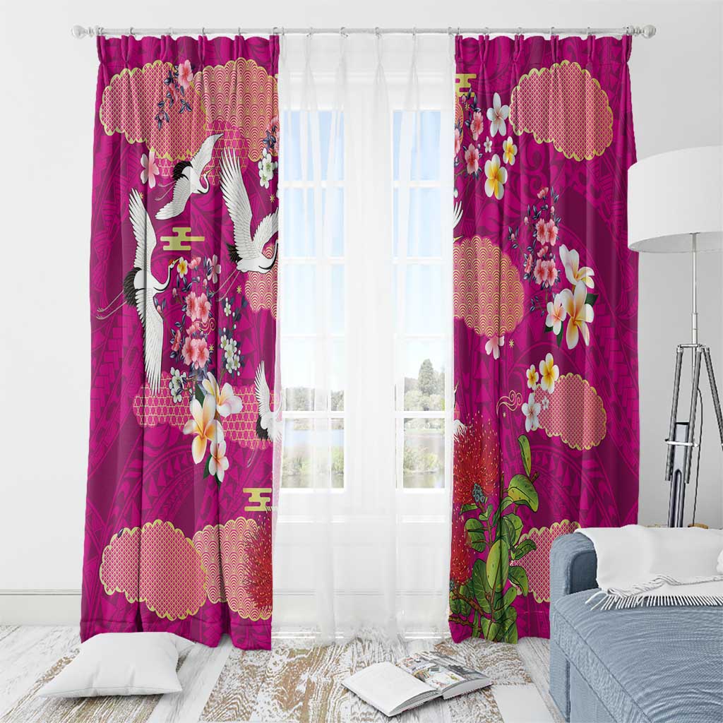 Hawaiian and Japanese Culture Together Window Curtain Pink Ohia Lehua Plumeria and Sakura Blooming - Polynesian Pride
