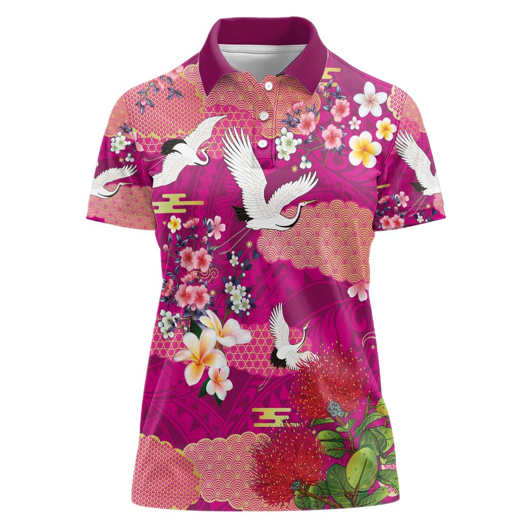 Hawaiian and Japanese Culture Together Women Polo Shirt Pink Ohia Lehua Plumeria and Sakura Blooming - Polynesian Pride