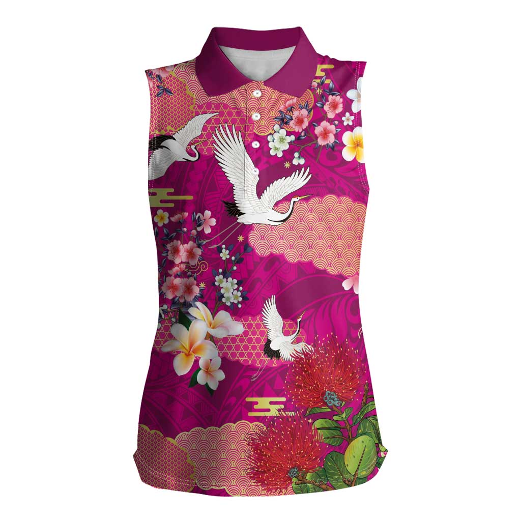 Hawaiian and Japanese Culture Together Women Sleeveless Polo Shirt Pink Ohia Lehua Plumeria and Sakura Blooming - Polynesian Pride