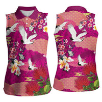 Hawaiian and Japanese Culture Together Women Sleeveless Polo Shirt Pink Ohia Lehua Plumeria and Sakura Blooming - Polynesian Pride