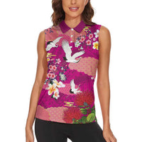 Hawaiian and Japanese Culture Together Women Sleeveless Polo Shirt Pink Ohia Lehua Plumeria and Sakura Blooming - Polynesian Pride