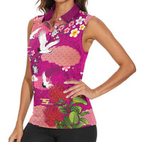 Hawaiian and Japanese Culture Together Women Sleeveless Polo Shirt Pink Ohia Lehua Plumeria and Sakura Blooming - Polynesian Pride
