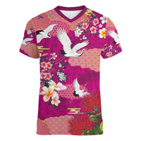 Hawaiian and Japanese Culture Together Women V-Neck T-Shirt Pink Ohia Lehua Plumeria and Sakura Blooming - Polynesian Pride