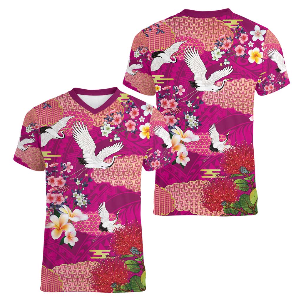 Hawaiian and Japanese Culture Together Women V-Neck T-Shirt Pink Ohia Lehua Plumeria and Sakura Blooming - Polynesian Pride