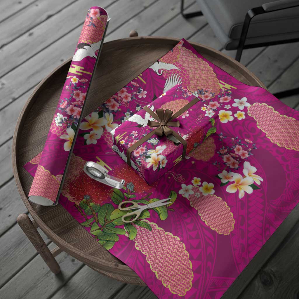 Hawaiian and Japanese Culture Together Wrapping Paper Pink Ohia Lehua Plumeria and Sakura Blooming - Polynesian Pride