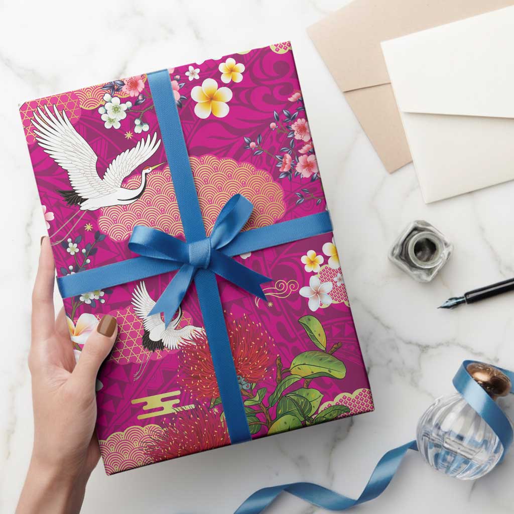 Hawaiian and Japanese Culture Together Wrapping Paper Pink Ohia Lehua Plumeria and Sakura Blooming - Polynesian Pride