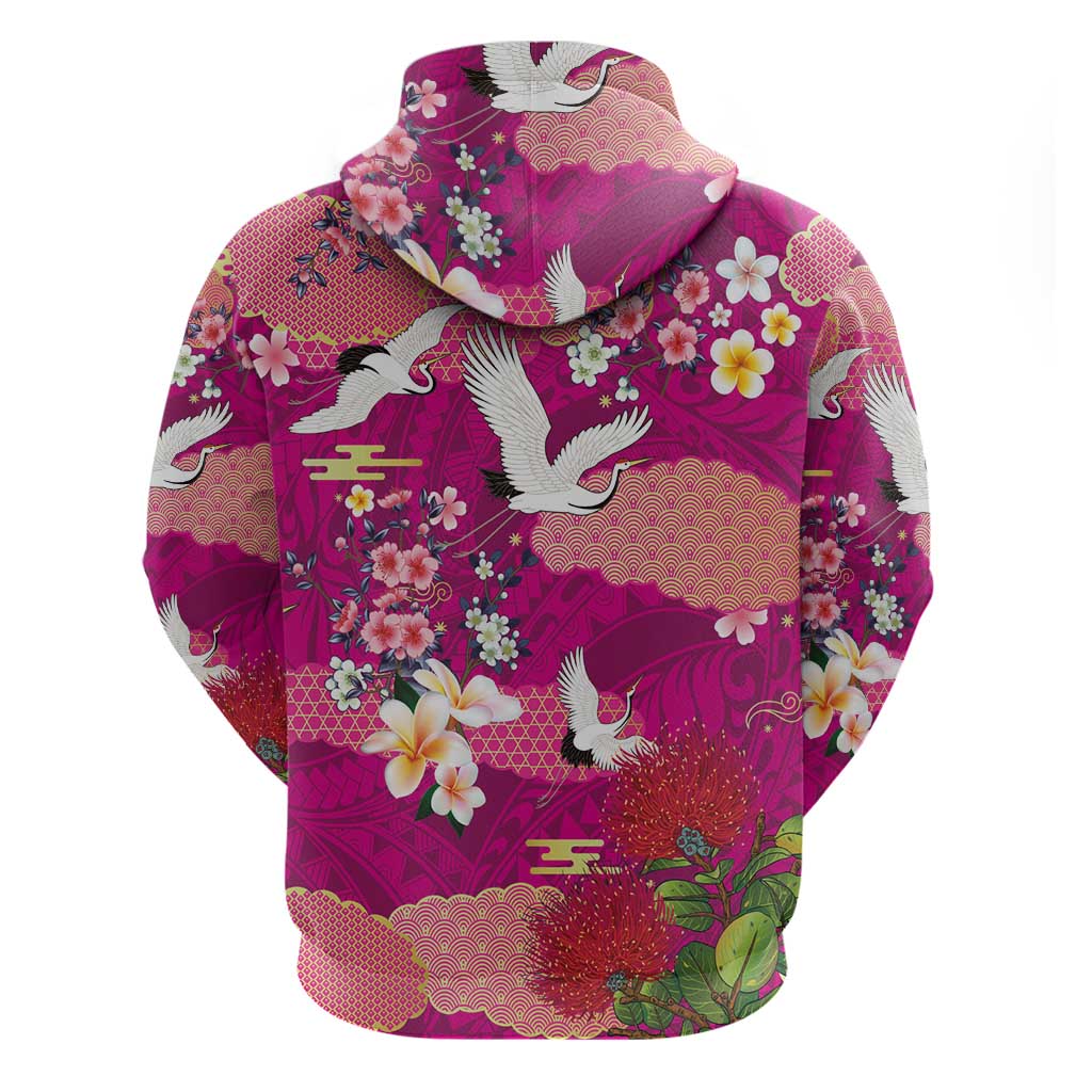 Hawaiian and Japanese Culture Together Zip Hoodie Pink Ohia Lehua Plumeria and Sakura Blooming - Polynesian Pride