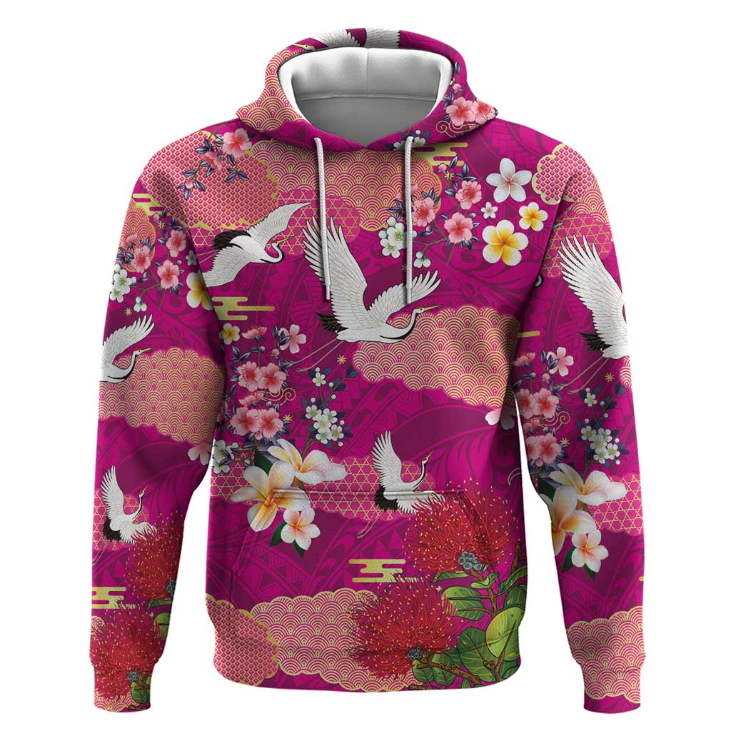 Hawaiian and Japanese Culture Together Zip Hoodie Pink Ohia Lehua Plumeria and Sakura Blooming - Polynesian Pride