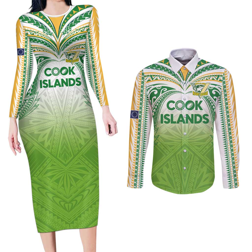 Custom Cook Islands Rugby League Couples Matching Long Sleeve Bodycon Dress and Long Sleeve Button Shirt Tatau Tribal Motifs-Light Green Color - Polynesian Pride