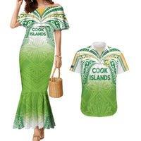 Custom Cook Islands Rugby League Couples Matching Mermaid Dress and Hawaiian Shirt Tatau Tribal Motifs-Light Green Color - Polynesian Pride