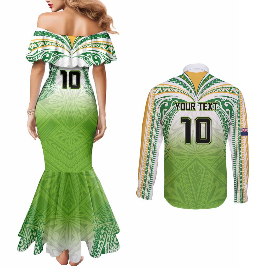 Custom Cook Islands Rugby League Couples Matching Mermaid Dress and Long Sleeve Button Shirt Tatau Tribal Motifs-Light Green Color - Polynesian Pride