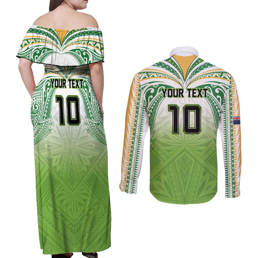 Custom Cook Islands Rugby League Couples Matching Off Shoulder Maxi Dress and Long Sleeve Button Shirt Tatau Tribal Motifs-Light Green Color - Polynesian Pride