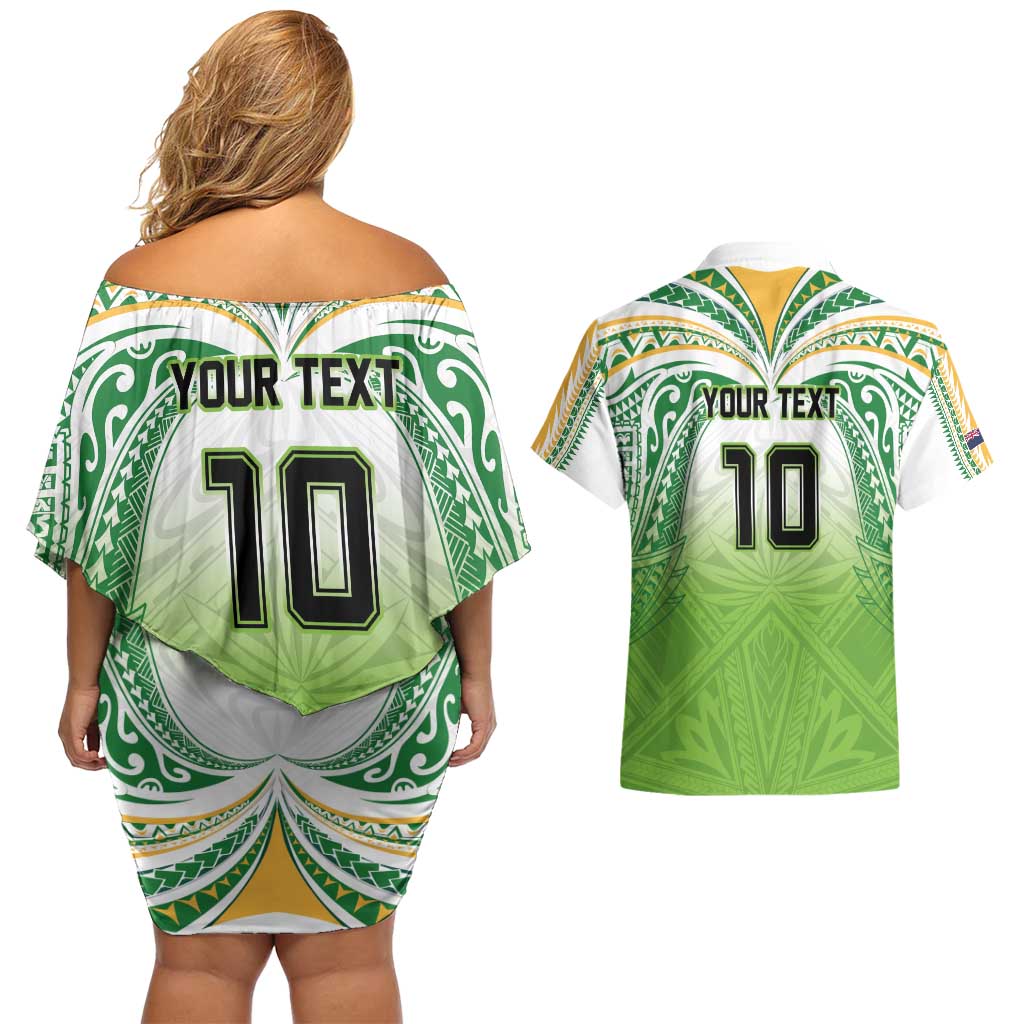 Custom Cook Islands Rugby League Couples Matching Off Shoulder Short Dress and Hawaiian Shirt Tatau Tribal Motifs-Light Green Color - Polynesian Pride