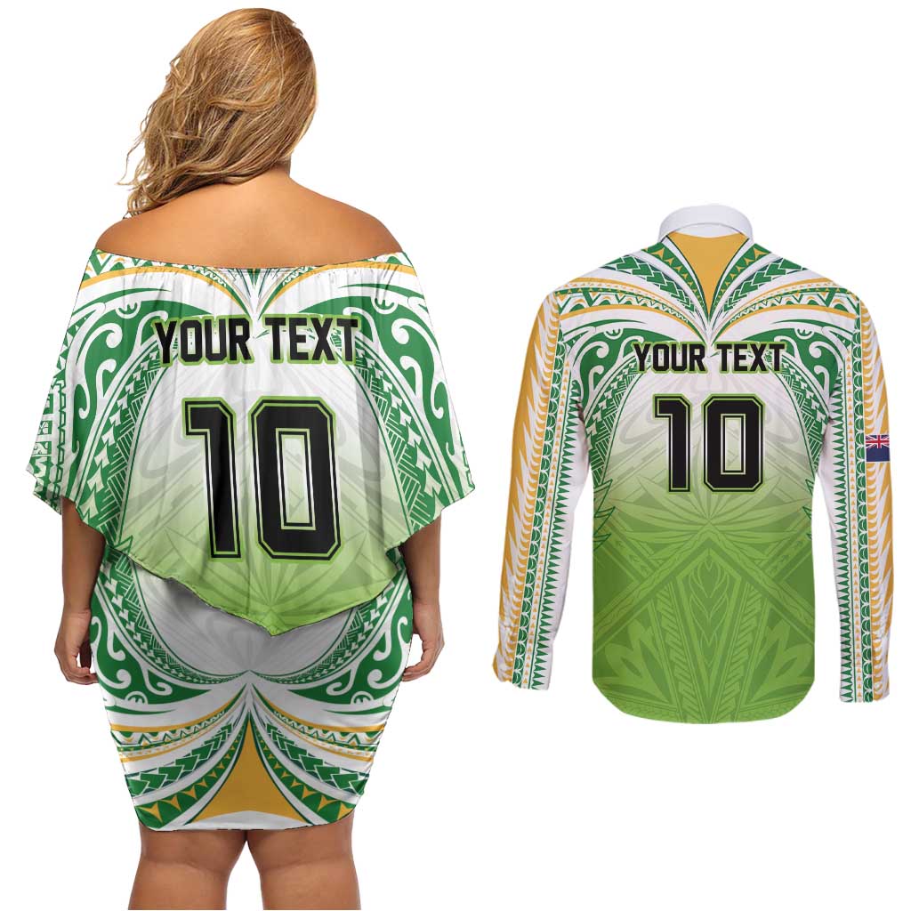 Custom Cook Islands Rugby League Couples Matching Off Shoulder Short Dress and Long Sleeve Button Shirt Tatau Tribal Motifs-Light Green Color - Polynesian Pride