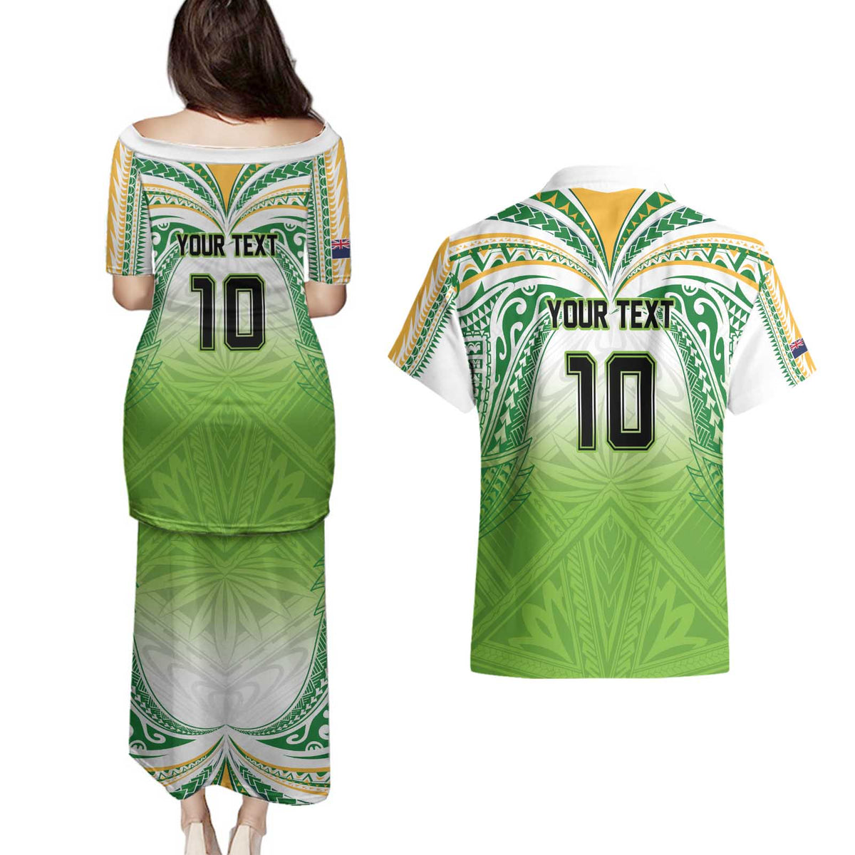 Custom Cook Islands Rugby League Couples Matching Puletasi and Hawaiian Shirt Tatau Tribal Motifs-Light Green Color - Polynesian Pride