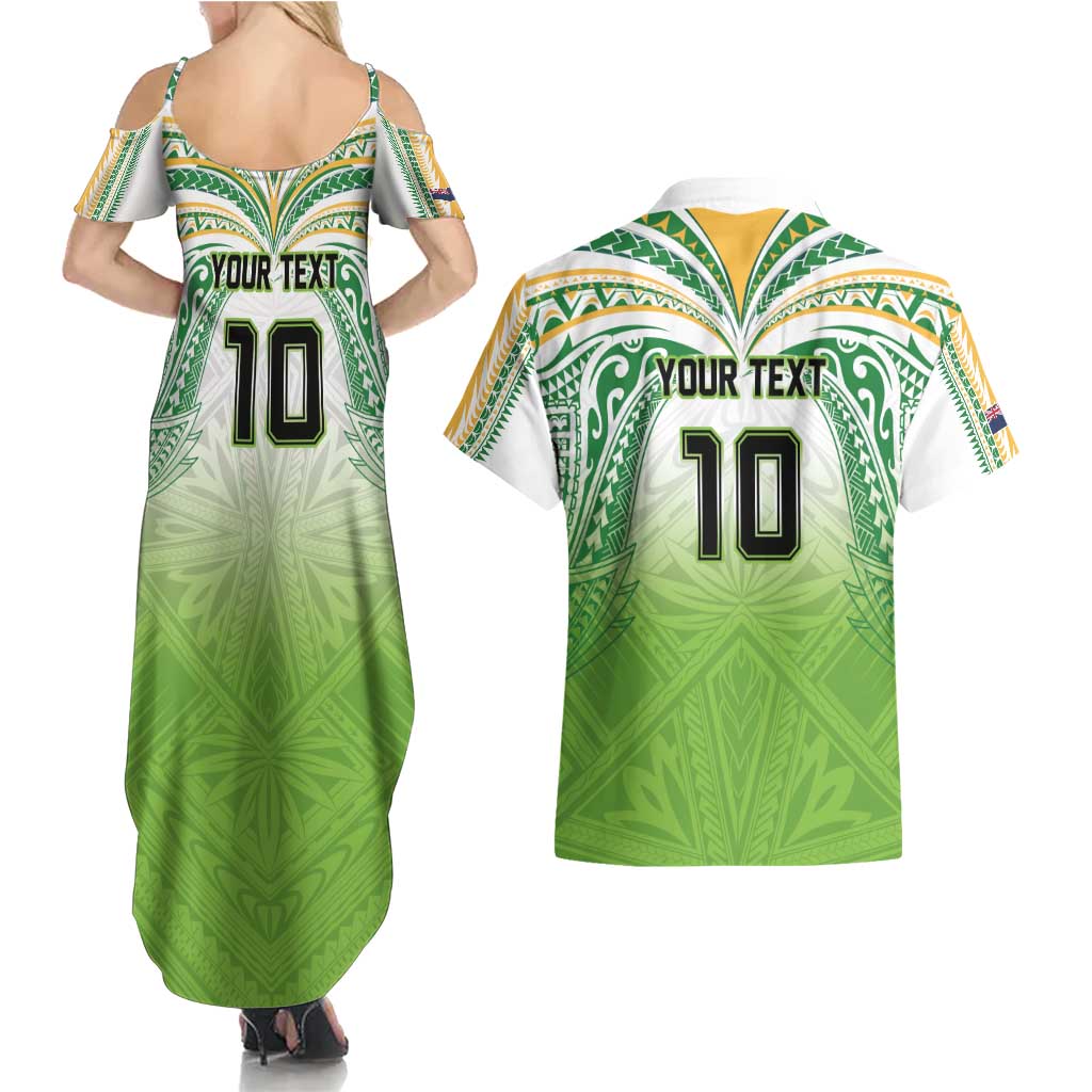 Custom Cook Islands Rugby League Couples Matching Summer Maxi Dress and Hawaiian Shirt Tatau Tribal Motifs-Light Green Color - Polynesian Pride
