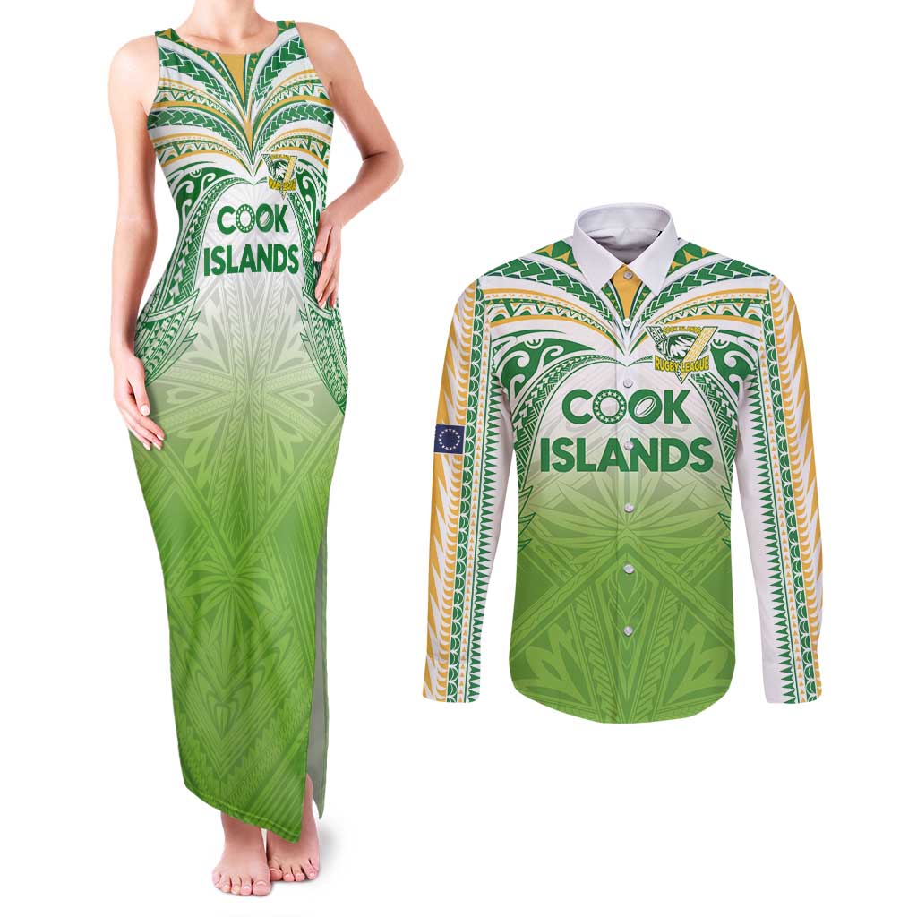 Custom Cook Islands Rugby League Couples Matching Tank Maxi Dress and Long Sleeve Button Shirt Tatau Tribal Motifs-Light Green Color - Polynesian Pride