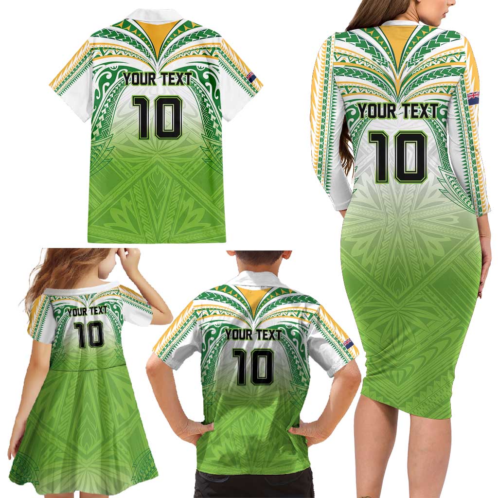 Custom Cook Islands Rugby League Family Matching Long Sleeve Bodycon Dress and Hawaiian Shirt Tatau Tribal Motifs-Light Green Color - Polynesian Pride