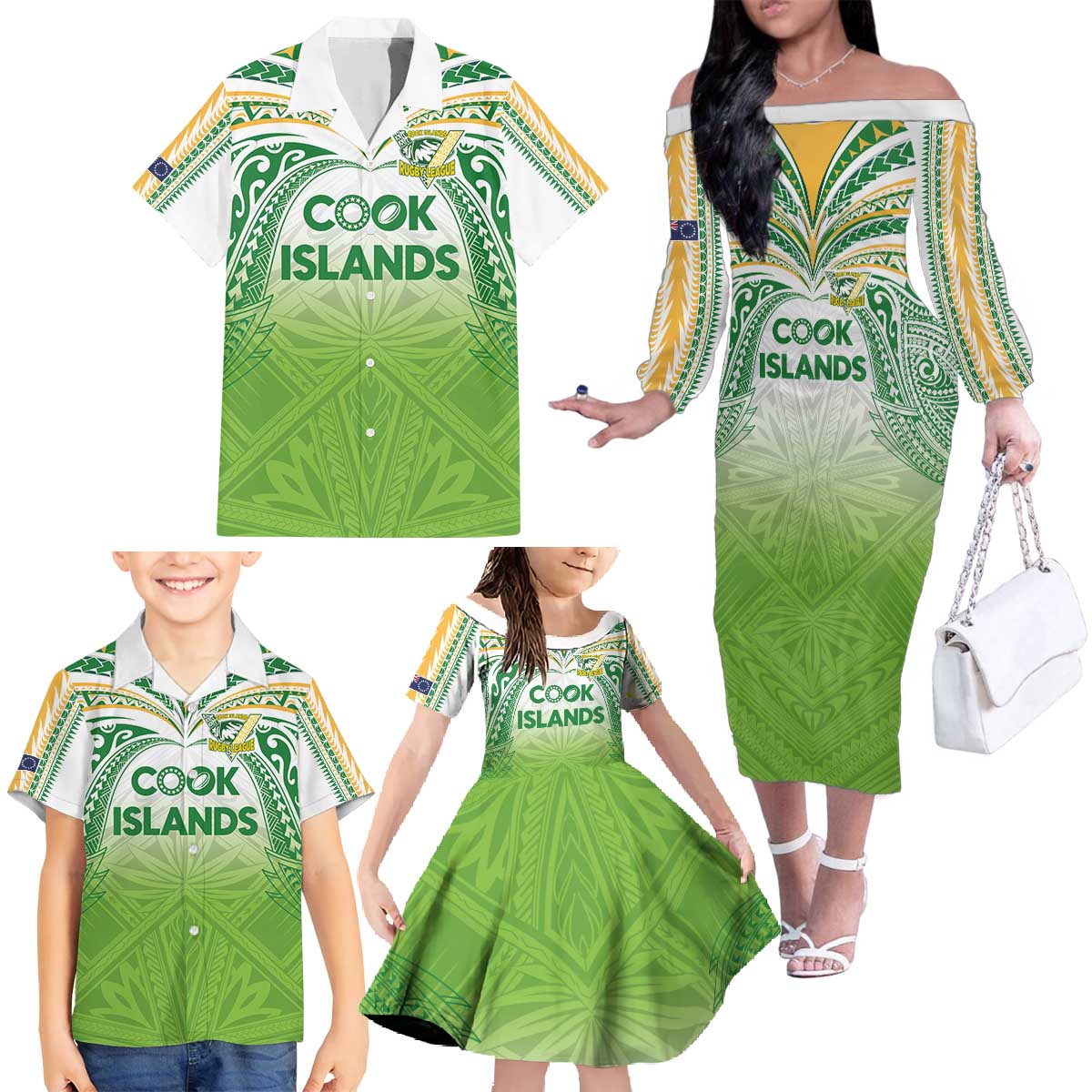 Custom Cook Islands Rugby League Family Matching Off The Shoulder Long Sleeve Dress and Hawaiian Shirt Tatau Tribal Motifs-Light Green Color - Polynesian Pride