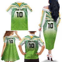 Custom Cook Islands Rugby League Family Matching Off The Shoulder Long Sleeve Dress and Hawaiian Shirt Tatau Tribal Motifs-Light Green Color - Polynesian Pride