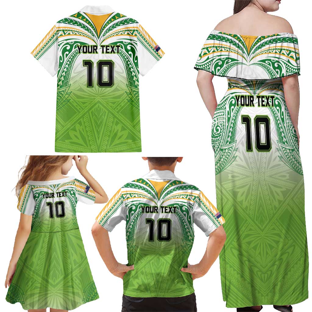 Custom Cook Islands Rugby League Family Matching Off Shoulder Maxi Dress and Hawaiian Shirt Tatau Tribal Motifs-Light Green Color - Polynesian Pride