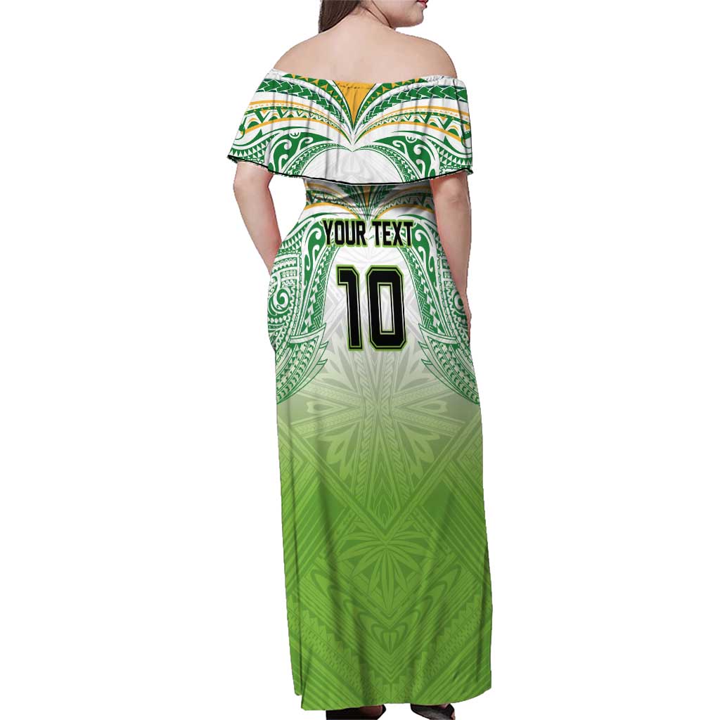 Custom Cook Islands Rugby League Family Matching Off Shoulder Maxi Dress and Hawaiian Shirt Tatau Tribal Motifs-Light Green Color - Polynesian Pride