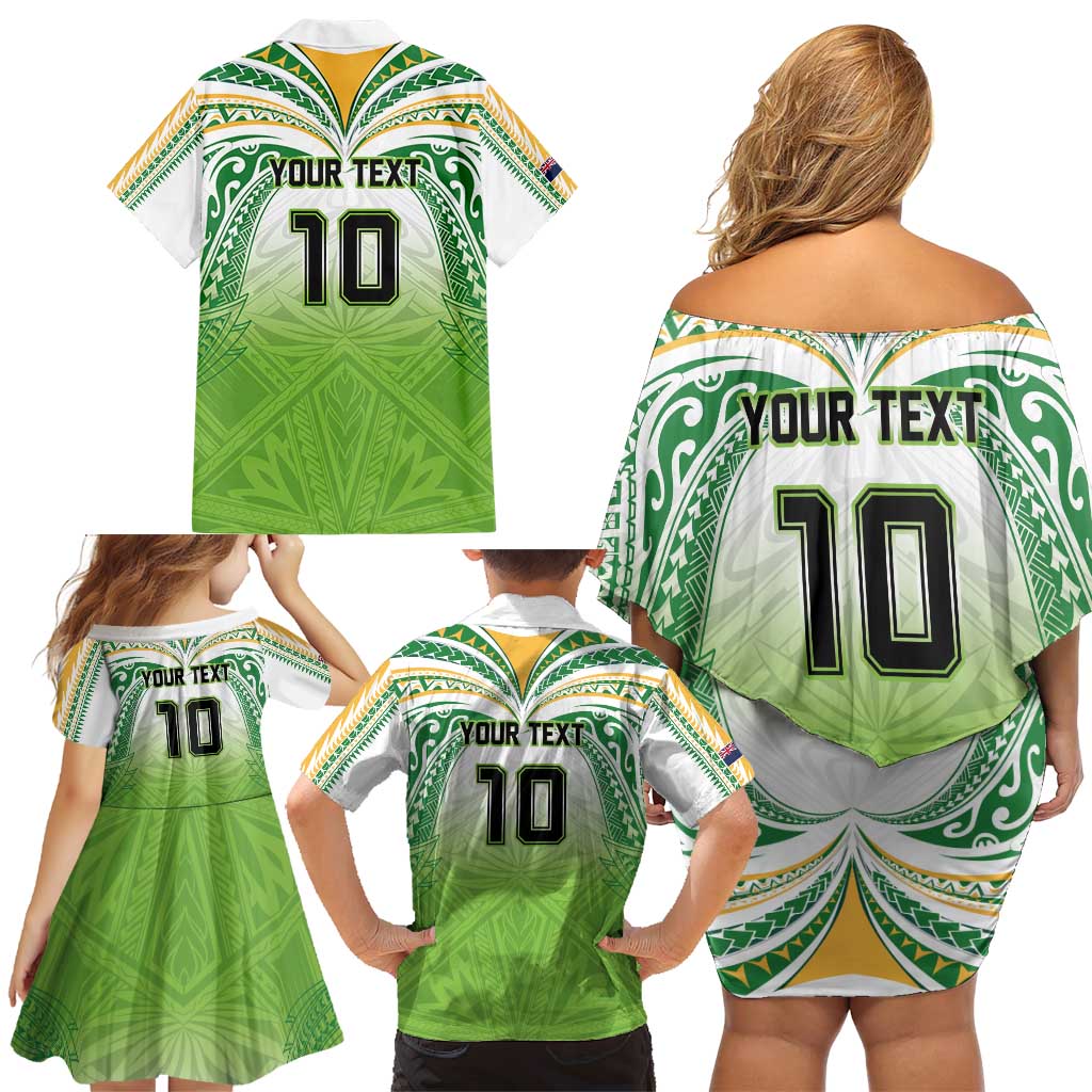 Custom Cook Islands Rugby League Family Matching Off Shoulder Short Dress and Hawaiian Shirt Tatau Tribal Motifs-Light Green Color - Polynesian Pride