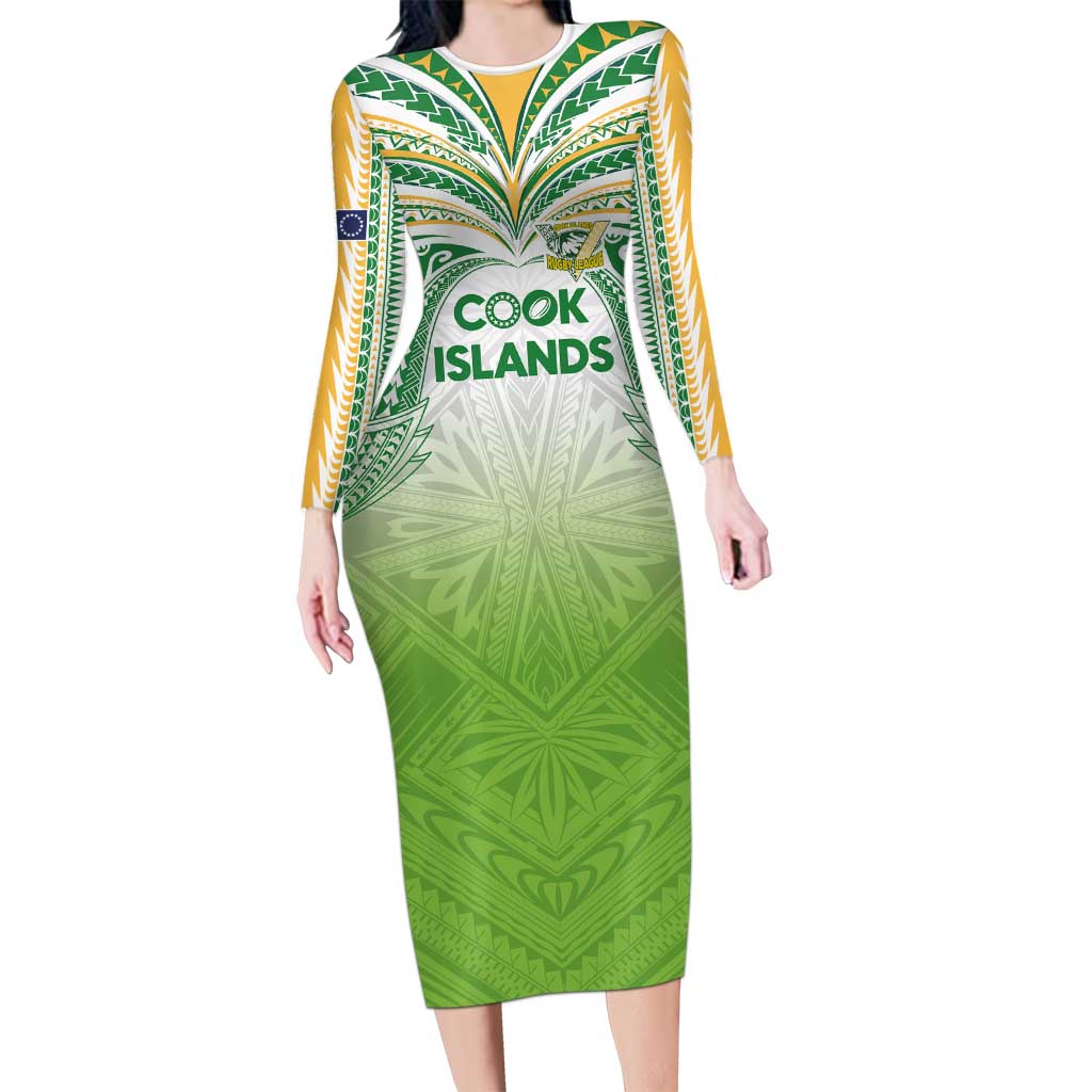 Custom Cook Islands Rugby League Long Sleeve Bodycon Dress Tatau Tribal Motifs-Light Green Color - Polynesian Pride