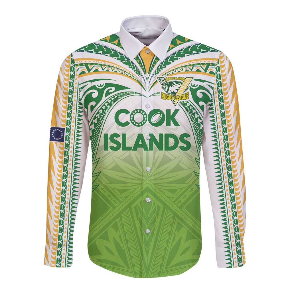 Custom Cook Islands Rugby League Long Sleeve Button Shirt Tatau Tribal Motifs-Light Green Color - Polynesian Pride