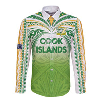 Custom Cook Islands Rugby League Long Sleeve Button Shirt Tatau Tribal Motifs-Light Green Color - Polynesian Pride