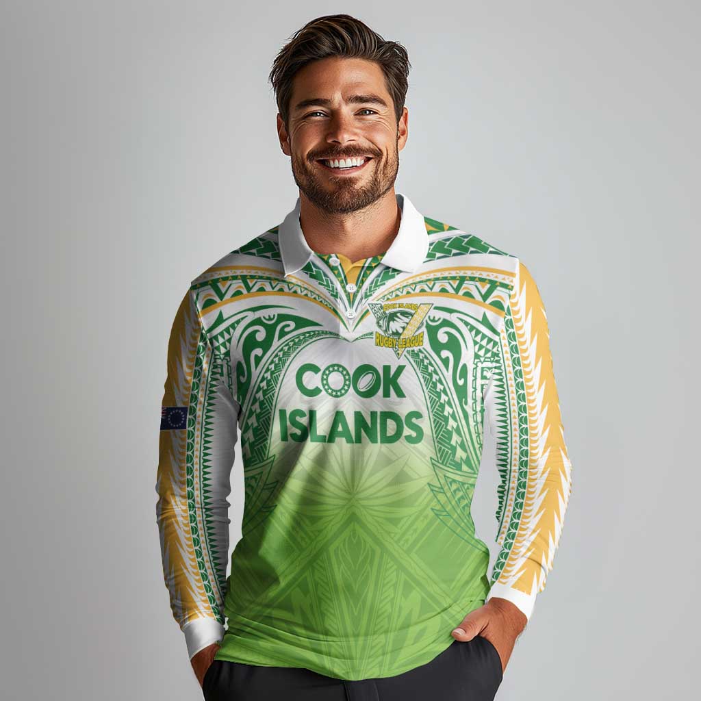 Custom Cook Islands Rugby League Long Sleeve Polo Shirt Tatau Tribal Motifs-Light Green Color - Polynesian Pride
