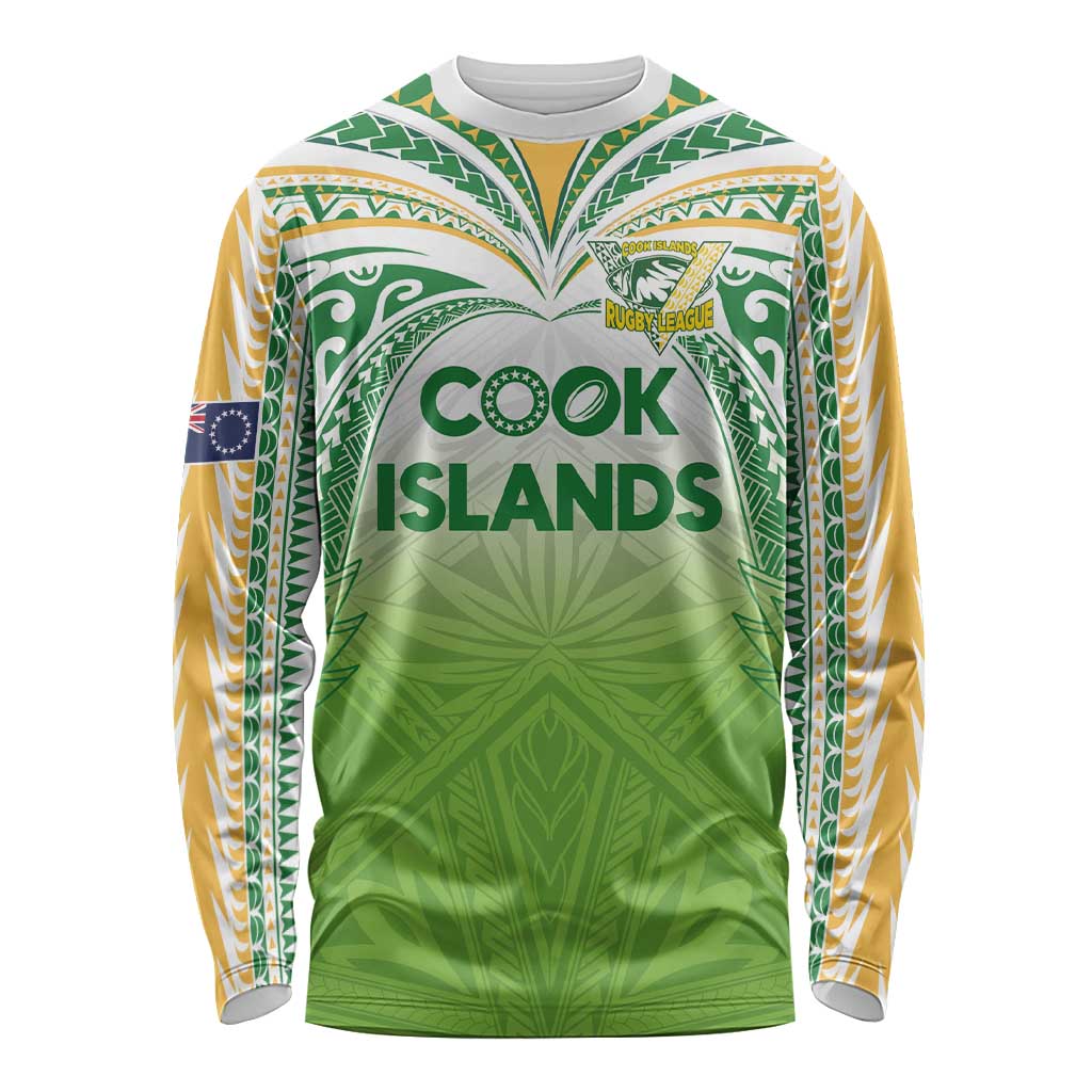 Custom Cook Islands Rugby League Long Sleeve Shirt Tatau Tribal Motifs-Light Green Color - Polynesian Pride
