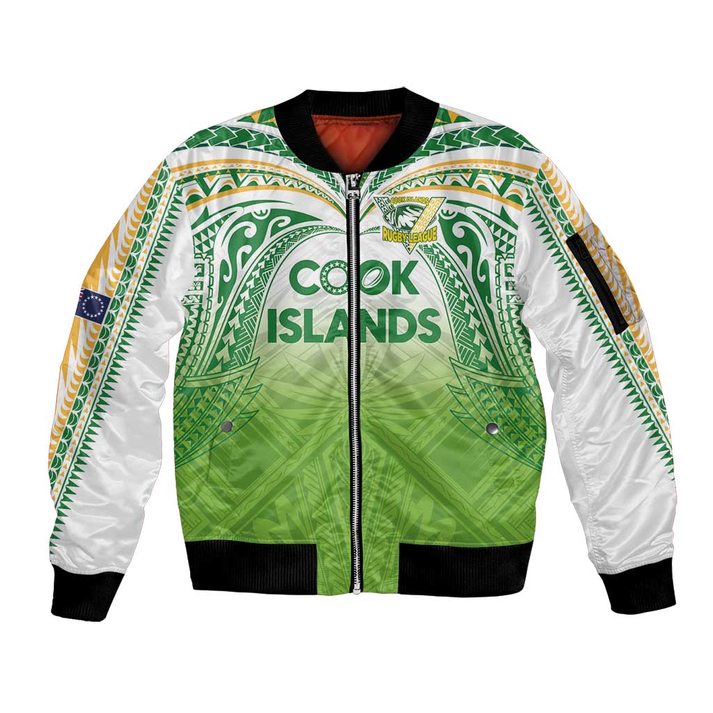 Custom Cook Islands Rugby League Sleeve Zip Bomber Jacket Tatau Tribal Motifs-Light Green Color - Polynesian Pride