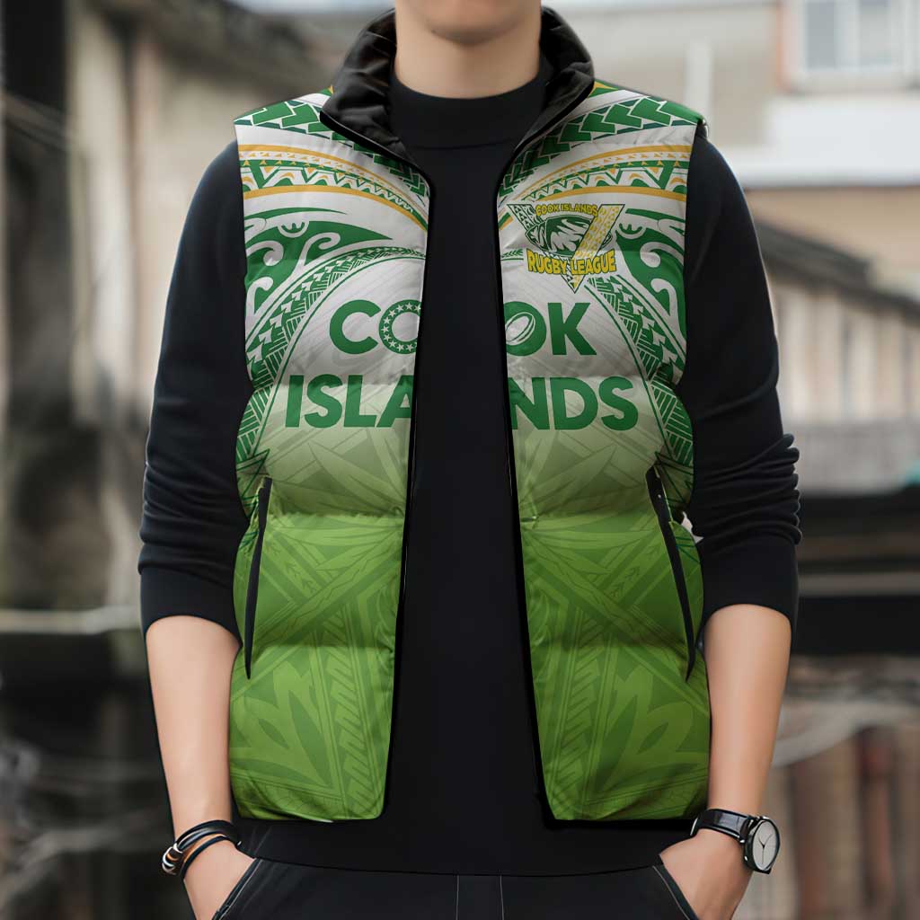 Custom Cook Islands Rugby League Sleeveless Puffer Jacket Tatau Tribal Motifs-Light Green Color - Polynesian Pride