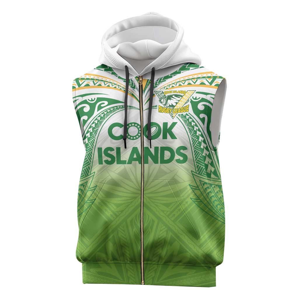 Custom Cook Islands Rugby League Sleeveless Zip Hoodie Tatau Tribal Motifs-Light Green Color - Polynesian Pride