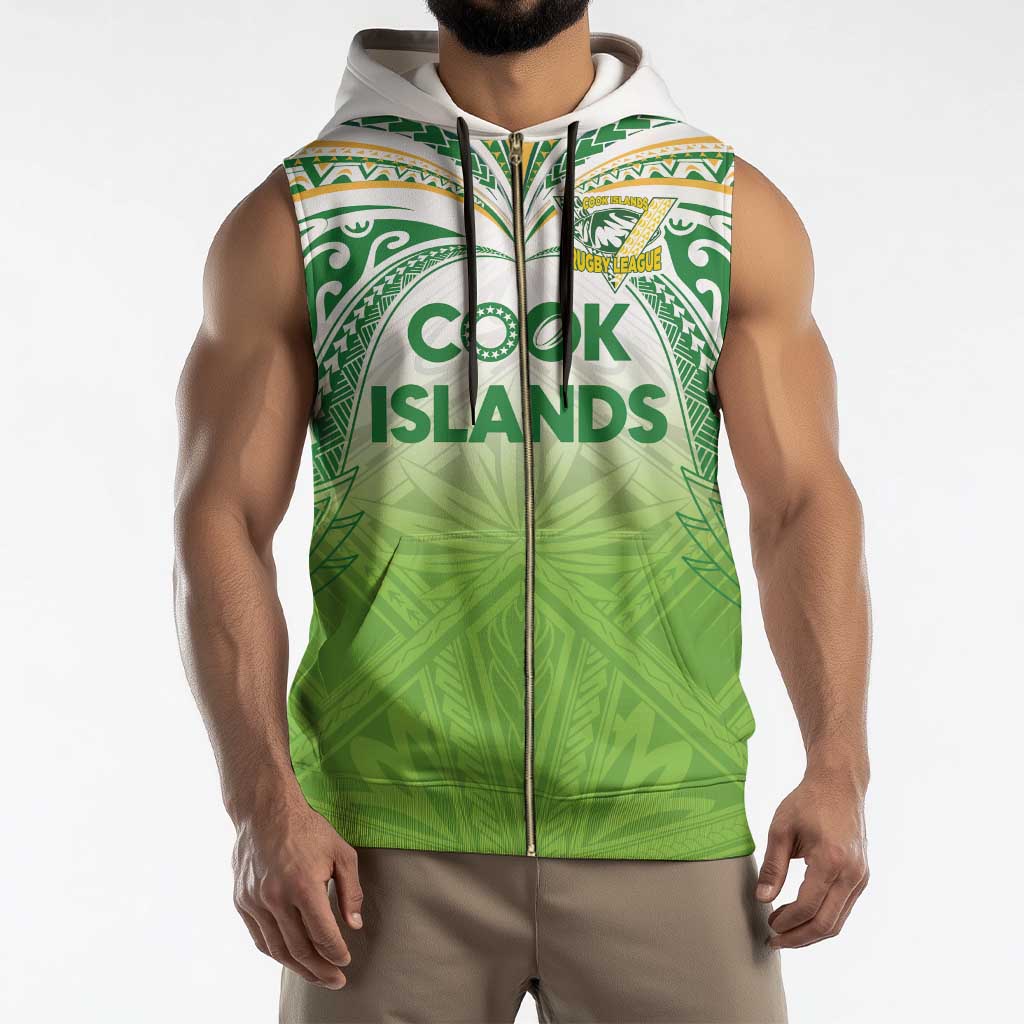 Custom Cook Islands Rugby League Sleeveless Zip Hoodie Tatau Tribal Motifs-Light Green Color - Polynesian Pride