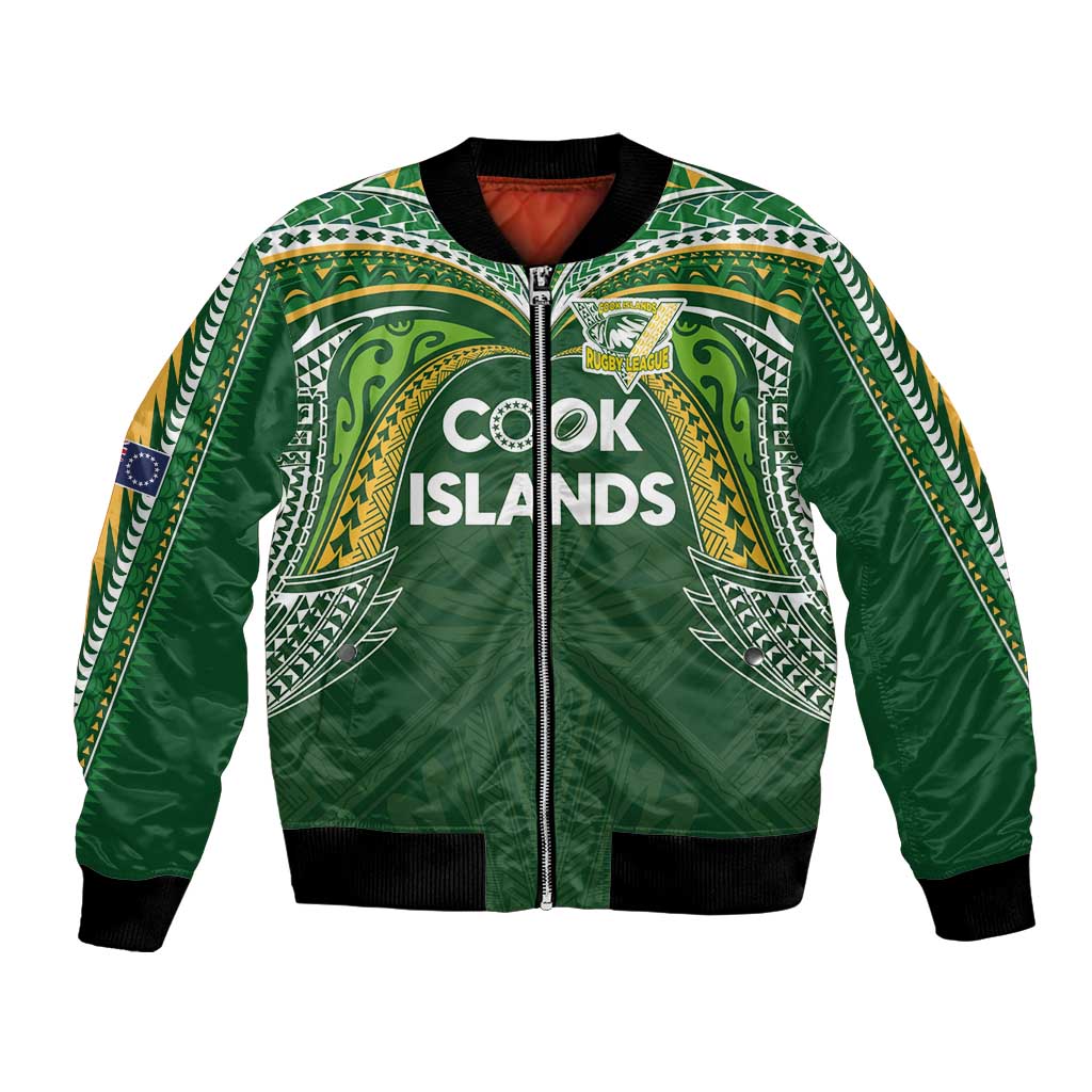 Custom Cook Islands Rugby League Bomber Jacket Tatau Tribal Motifs-Dark Green Color - Polynesian Pride