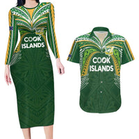 Custom Cook Islands Rugby League Couples Matching Long Sleeve Bodycon Dress and Hawaiian Shirt Tatau Tribal Motifs-Dark Green Color - Polynesian Pride