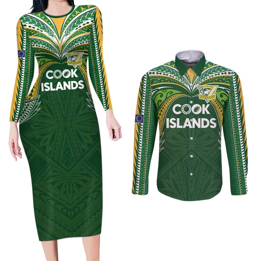 Custom Cook Islands Rugby League Couples Matching Long Sleeve Bodycon Dress and Long Sleeve Button Shirt Tatau Tribal Motifs-Dark Green Color - Polynesian Pride